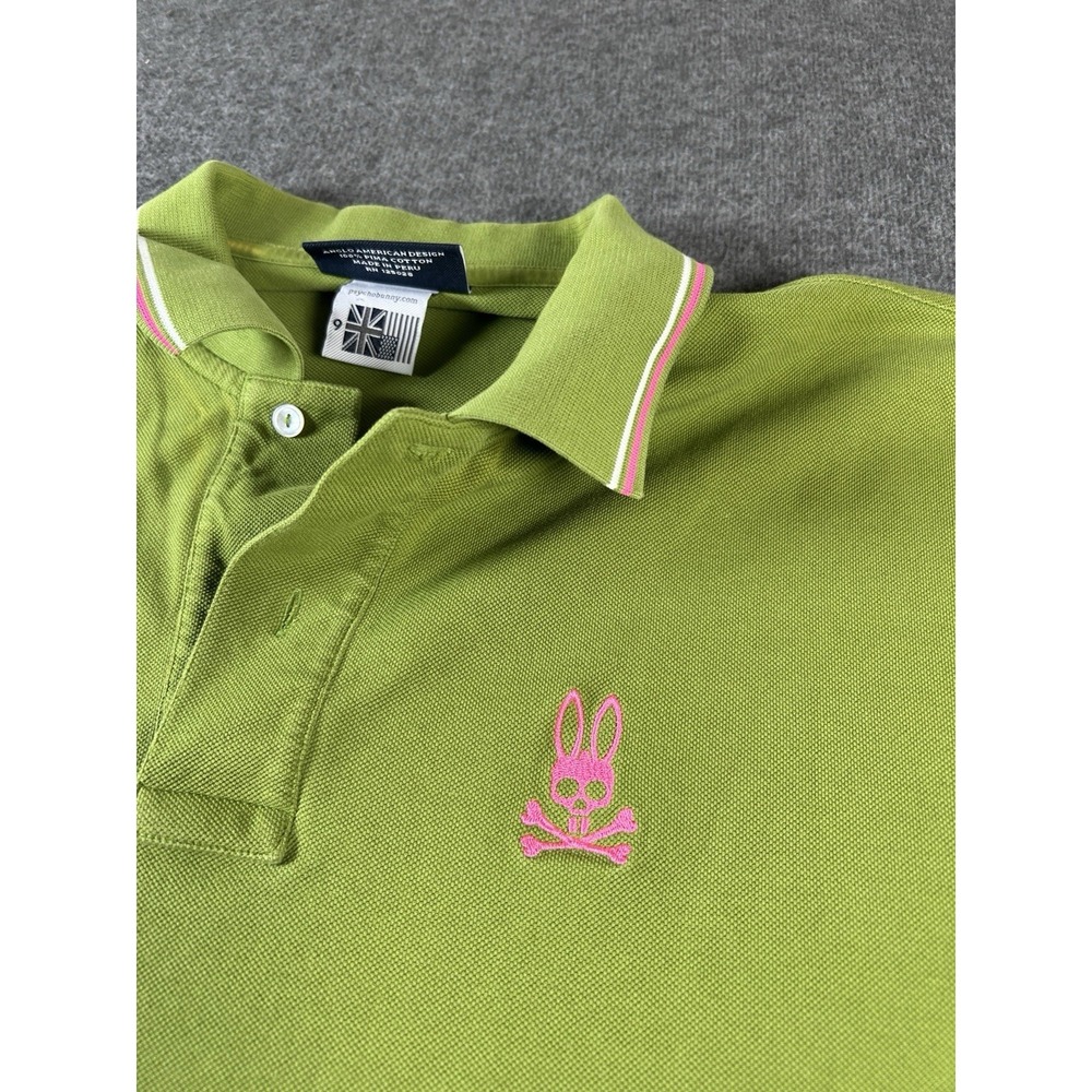 Psycho Bunny Polo Shirt Men's 9 Lime Green Pink Twin Tipped Short Sleeve